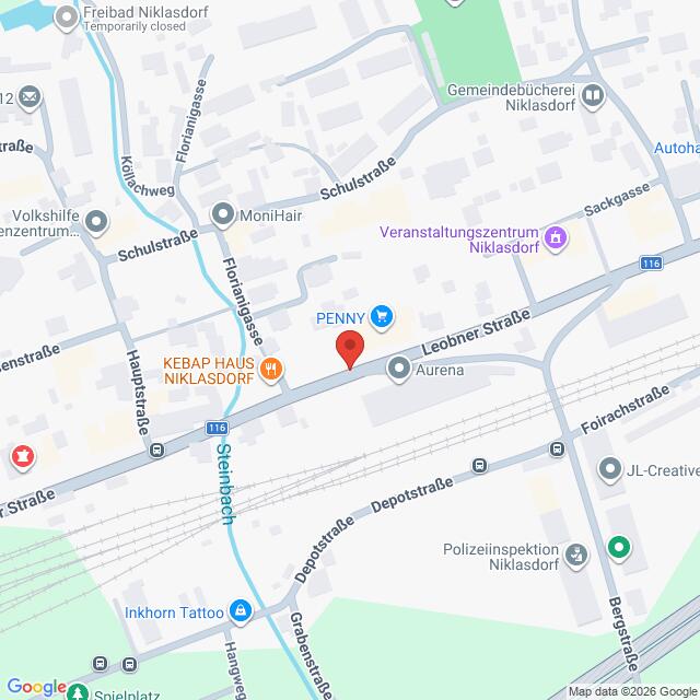 Lehrlingsportal.at Eine digitale Karte der Gegend um Niklasdorf, in deren Mittelpunkt ein rotes Stecknadel-Symbol steht, das den Standort eines Penny-Supermarkts markiert.