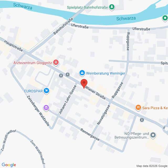 Lehrlingsportal.at Eine Karte, auf der der Standort eines Grundstücks an der Wiener Straße in Gloggnitz durch eine rote Stecknadel markiert ist.