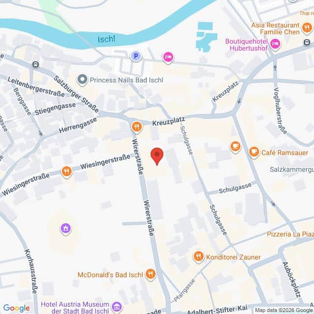 Lehrlingsportal.at Eine Google-Maps-Ansicht der Innenstadt von Bad Ischl, wobei eine rote Markierung einen Ort an der Wirerstraße kennzeichnet.