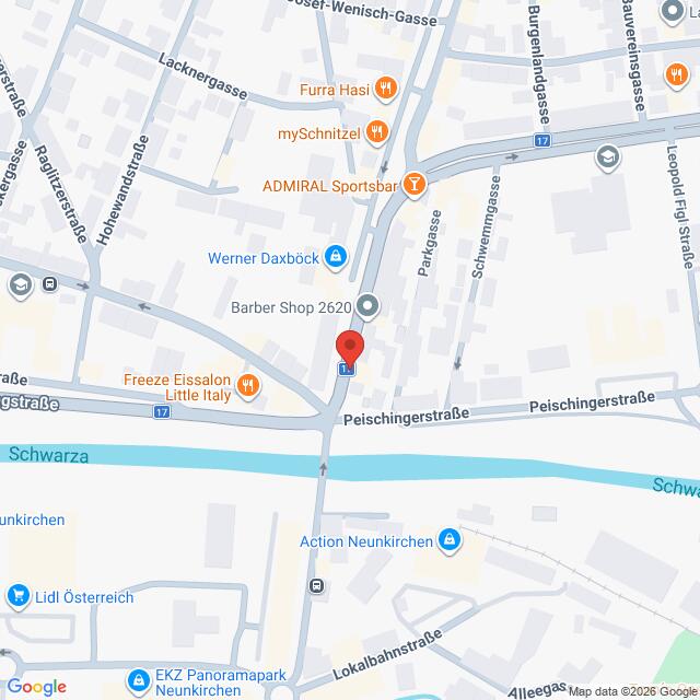 Lehrlingsportal.at Eine Karte, auf der der Standort eines mit einer roten Stecknadel markierten Ortes an der Kreuzung von Peischingerstraße und Parkgasse in Neunkirchen zu sehen ist.