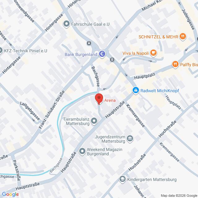 Lehrlingsportal.at Eine Google-Karte, deren Mittelpunkt der Standort einer Arena in Mattersburg, Österreich, bildet und die von örtlichen Straßen und Geschäften umgeben ist.