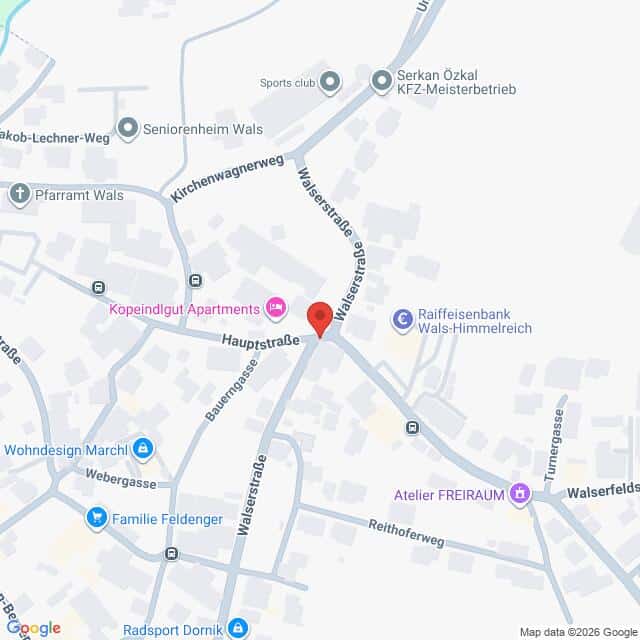 Lehrlingsportal.at Karte mit einer Standortmarkierung an der Kreuzung von Walserstraße und Hauptstraße in Wals.