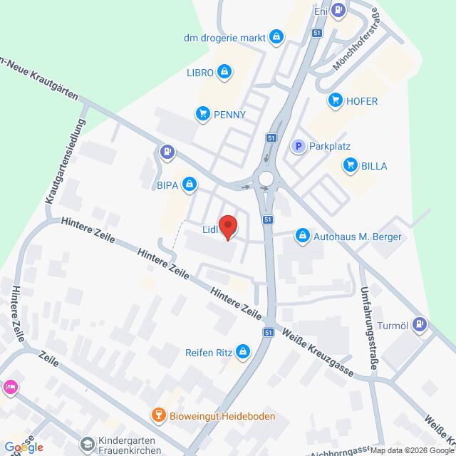 Lehrlingsportal.at Karte, auf der das Gebiet um eine Lidl-Filiale, die mit einer roten Stecknadel markiert ist, dargestellt ist, umgeben von verschiedenen lokalen Geschäften und Straßen.