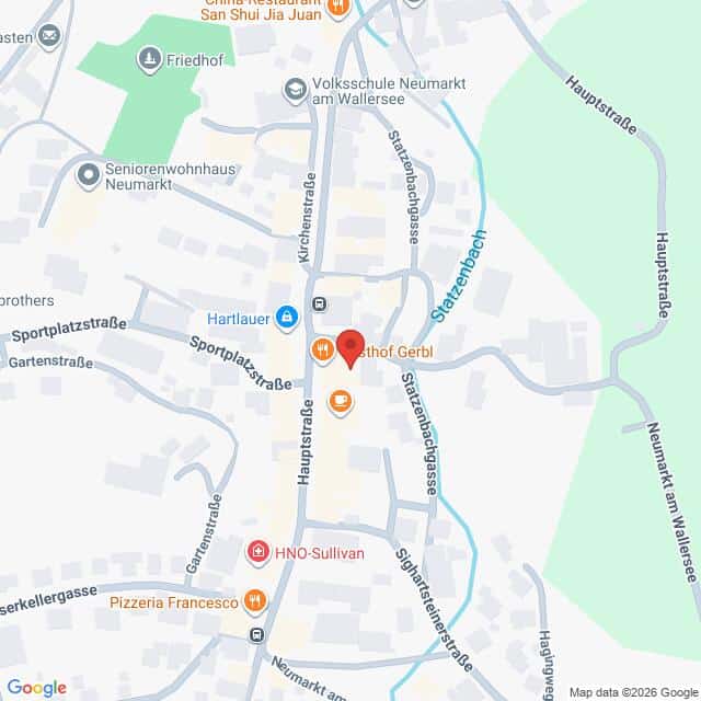 Lehrlingsportal.at Karte der Gegend um Neumarkt am Wallersee mit einer roten Markierung, die den Gasthof Gerbl kennzeichnet.