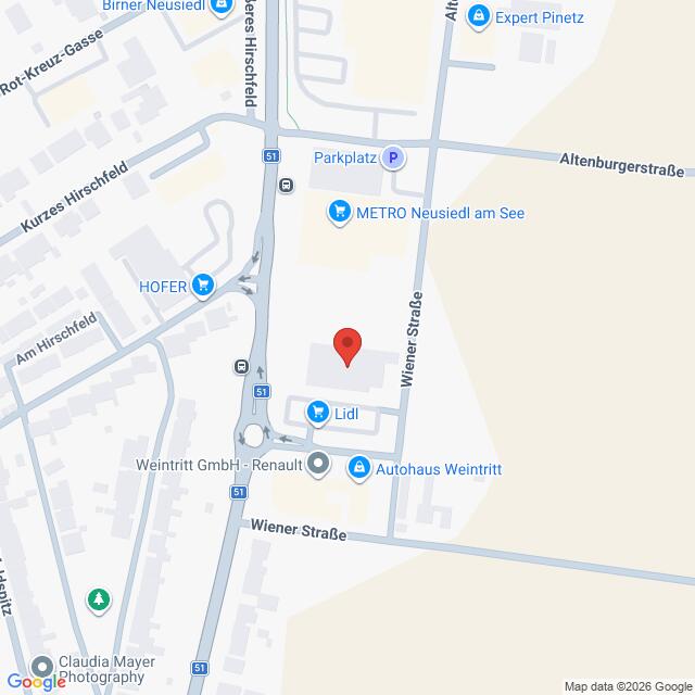 Lehrlingsportal.at Google-Maps-Ansicht der Gegend rund um die Wiener Straße in Neusiedl am See, Österreich, mit einer roten Markierung, die einen Standort kennzeichnet.