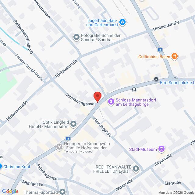Lehrlingsportal.at Karte, die die Kreuzung von Hintaustraße und Schwemmgasse in Mannersdorf am Leithagebirge zeigt, wobei ein roter Pin einen Standort markiert.