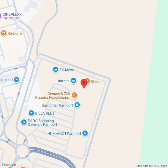 Lehrlingsportal.at Eine Google-Maps-Ansicht des PADO Shopping in Parndorf, auf der der Standort von Shiro mit einer roten Stecknadel markiert ist.