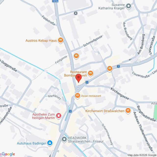 Lehrlingsportal.at Google Maps-Ansicht des Zentrums von Straßwalchen mit einer roten Standortmarkierung in der Mitte.