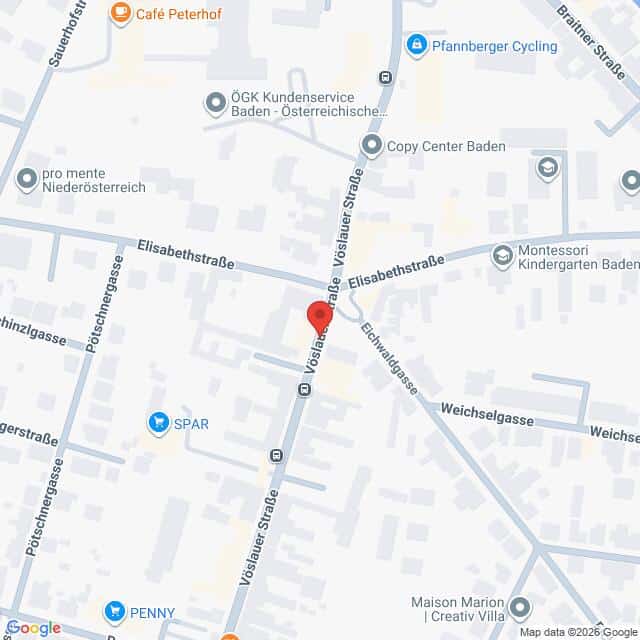 Lehrlingsportal.at Karte der Umgebung der Vöslauer Straße in Baden, Österreich, mit einer roten Stecknadel, die einen Ort markiert.