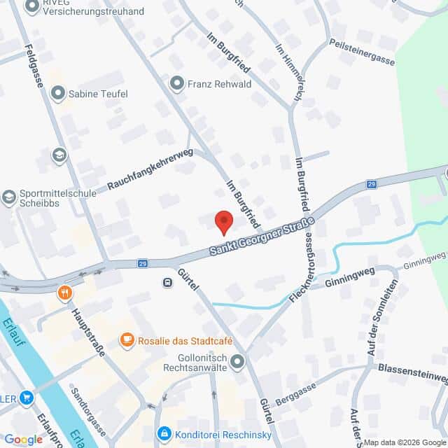 Lehrlingsportal.at Eine digitale Karte, auf der ein roter Standort-Pin in der Sankt Georgner Straße in Scheibbs, Österreich, zu sehen ist.