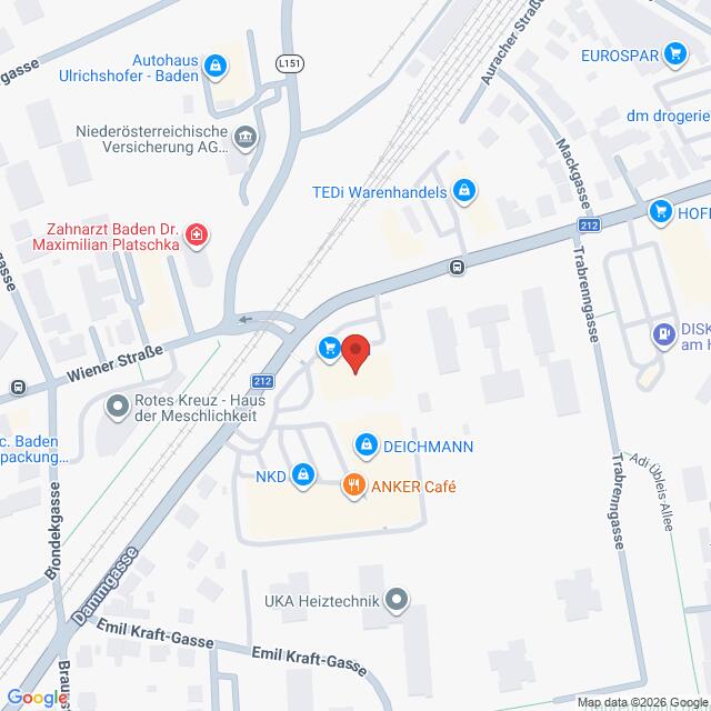 Lehrlingsportal.at Karte mit einer roten Standortmarkierung in der Nähe der Kreuzung Wiener Straße und Trabenngasse in Baden, Österreich.