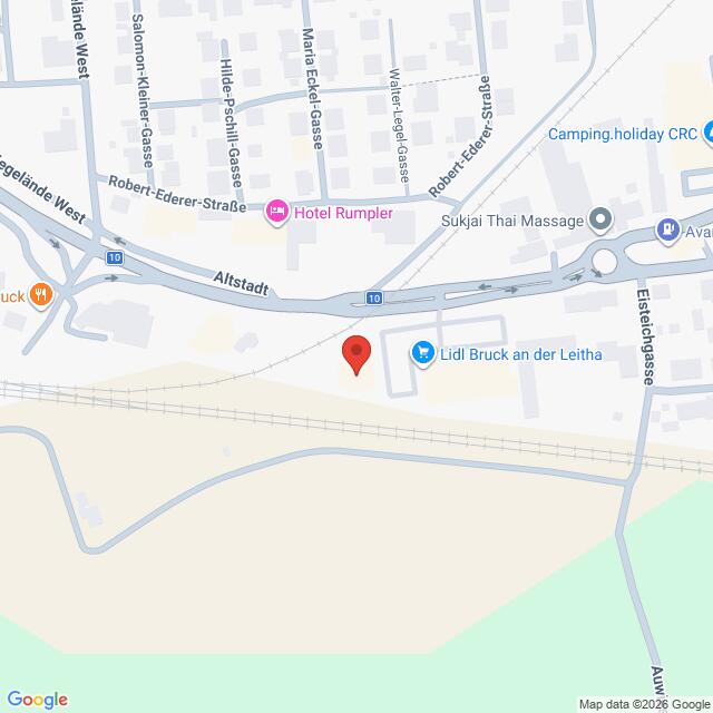 Lehrlingsportal.at Eine digitale Karte, auf der ein roter Standort-Pin in der Nähe von Lidl in Bruck an der Leitha zu sehen ist.