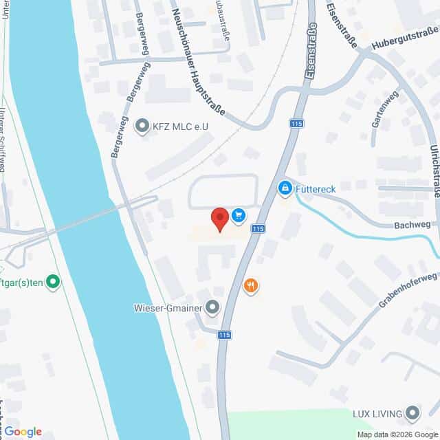 Lehrlingsportal.at Eine Karte, auf der ein roter Standortpin in der Nähe der Kreuzung der Neuschönauer Hauptstraße und einer Nebenstraße zu sehen ist, mit nahegelegenen Orientierungspunkten wie Futtereck und Wieser-Gmainer.