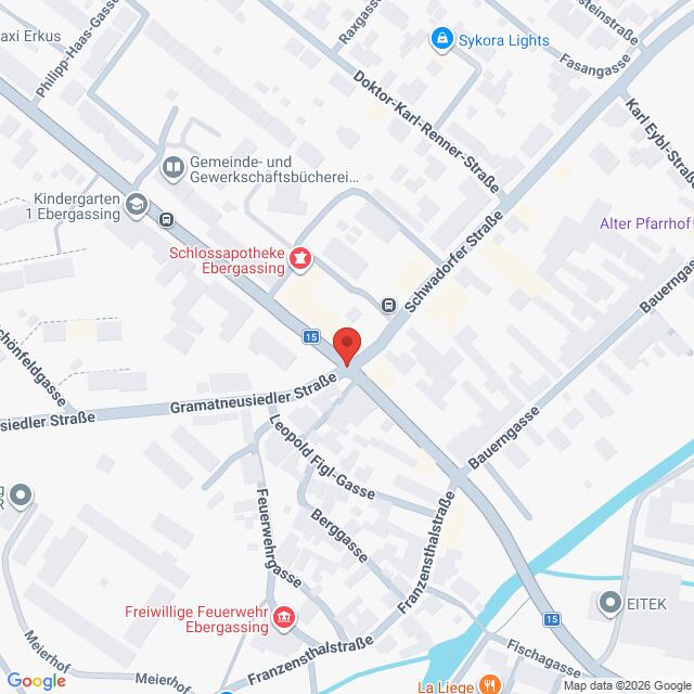 Lehrlingsportal.at Eine Google-Maps-Ansicht der Gegend rund um die Gramatneusiedler Straße in Ebergassing, Österreich, mit einer roten Markierung, die einen Standort kennzeichnet.