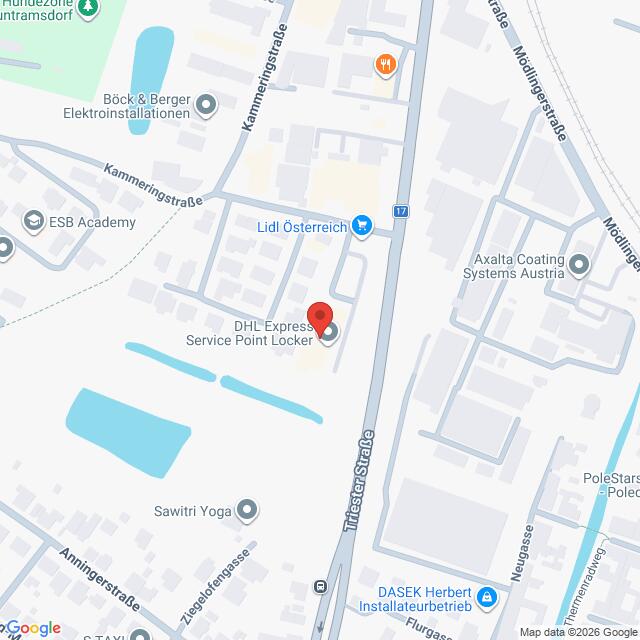 Lehrlingsportal.at Kartenansicht der Umgebung eines DHL Express Service Point-Paketautomaten, der mit einer roten Stecknadel markiert ist.