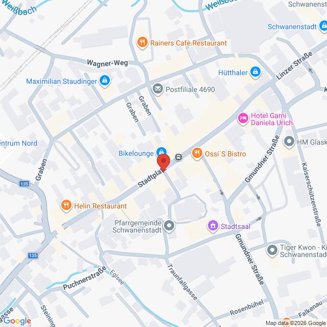 Lehrlingsportal.at Karte von Schwanenstadt, Österreich, mit einer roten Stecknadel, die einen Ort auf dem Stadtplatz markiert.