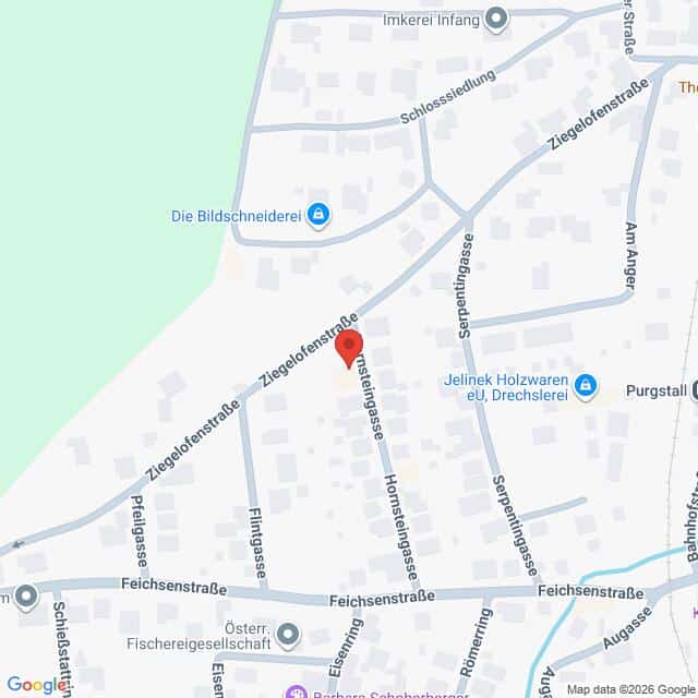 Lehrlingsportal.at Google-Maps-Ansicht der Ziegelofenstraße in Purgstall, Österreich, mit einer roten Markierung, die einen Ort in der Nähe der Kreuzung mit der Hornsteingasse kennzeichnet.