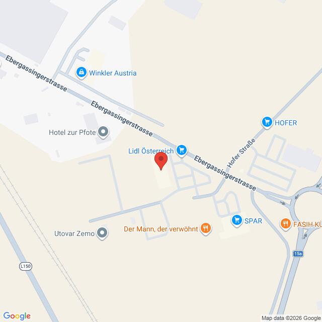 Lehrlingsportal.at Eine Google-Maps-Ansicht der Ebergassingerstraße in Österreich mit einer Markierung, die einen Lidl-Standort kennzeichnet.
