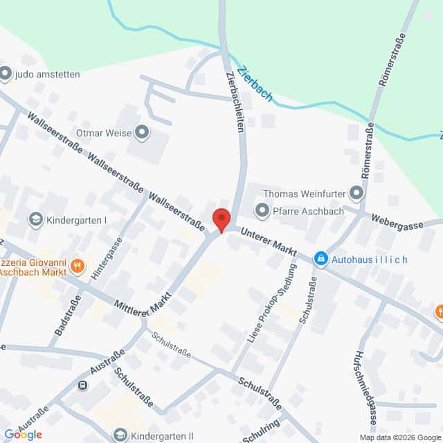 Lehrlingsportal.at Eine Google-Maps-Ansicht des Straßennetzes in Aschbach, Österreich, mit einer roten Markierung, die einen bestimmten Ort in der Nähe des Unteren Marktes kennzeichnet.