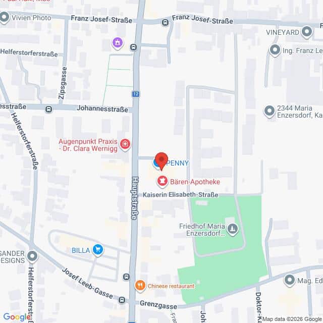 Lehrlingsportal.at Karte mit einer roten Standortmarkierung über einem „Penny“-Geschäft in Maria Enzersdorf, Österreich, nahe der Kreuzung von Hauptstraße und Kaiserin-Elisabeth-Straße.