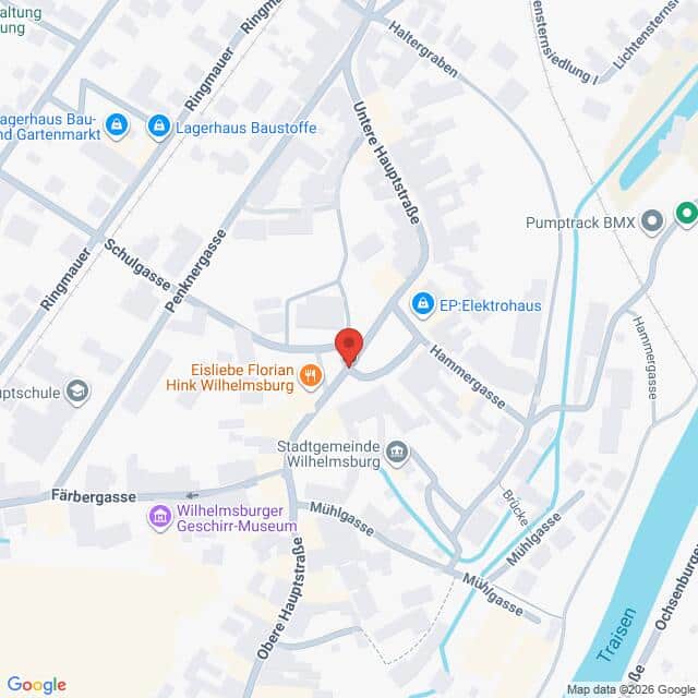 Lehrlingsportal.at Karte mit Straßennamen und Sehenswürdigkeiten in Wilhelmsburg, auf der ein roter Pin einen bestimmten Ort in der Nähe von „Eisliebe Florian“ markiert.