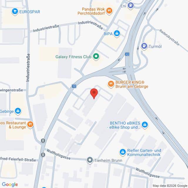 Lehrlingsportal.at Eine Google-Maps-Ansicht eines Gebiets in Brunn am Gebirge, auf der ein roter Pin einen bestimmten Ort in der Nähe der Industriestraße markiert.