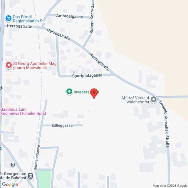 Lehrlingsportal.at Karte des Stadtteils St. Georgen mit den örtlichen Straßen, Geschäften und einer roten Standortmarkierung mit der Aufschrift „Invaders“.