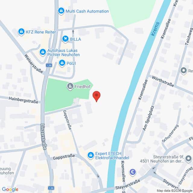 Lehrlingsportal.at Eine Google-Maps-Ansicht von Neuhofen an der Krems mit einer roten Stecknadel, die einen Ort markiert.