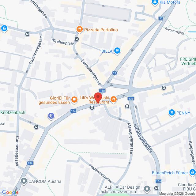 Lehrlingsportal.at Google Maps-Ansicht der Umgebung des Restaurants „Lili’s Wok“, markiert mit einer roten Standortmarkierung.
