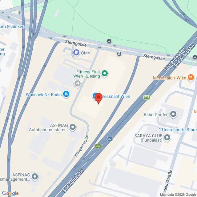 Lehrlingsportal.at Digitale Karte mit der Lage von Fressnapf Wien, auf der die umliegenden Straßen und Geschäfte gekennzeichnet sind.
