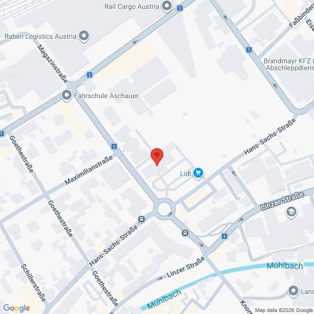 Lehrlingsportal.at Karte mit einer Standortmarkierung an der Maximilianstraße in Österreich, in der Nähe einer Lidl-Filiale und der Kreuzung mit der Hans-Sachs-Straße.
