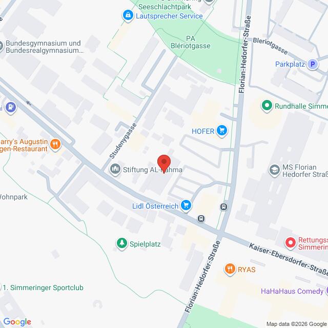 Lehrlingsportal.at Digitale Karte mit einer roten Standortmarkierung bei der Stiftung AL-Rahma, umgeben von nahegelegenen Straßen und Sehenswürdigkeiten in Wien.