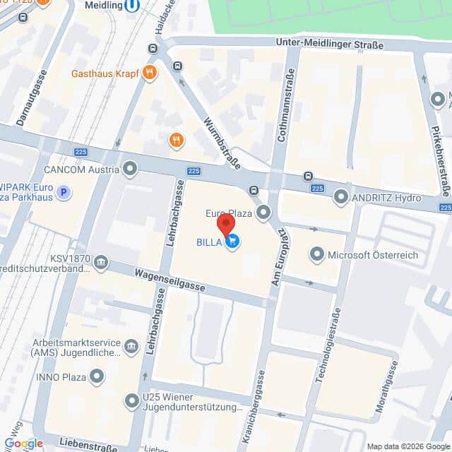 Lehrlingsportal.at Eine digitale Karte zeigt das Euro-Plaza-Areal in Wien, Österreich, und hebt BILLA sowie nahegelegene Geschäfte, Straßen und Haltestellen des öffentlichen Nahverkehrs hervor.