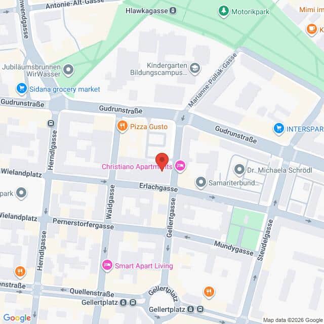 Lehrlingsportal.at Eine digitale Karte mit den Christiano Apartments in Wien als Mittelpunkt, auf der die umliegenden Straßen und Geschäfte in der Nähe zu sehen sind.