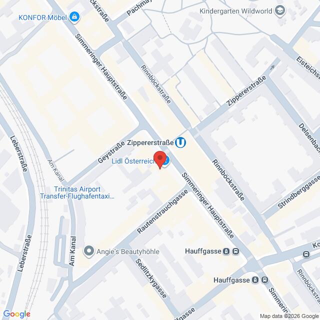 Lehrlingsportal.at Kartenansicht mit einem Lidl in Wien, Österreich, an der Kreuzung von Simmeringer Hauptstraße und Zippererstraße im Mittelpunkt.