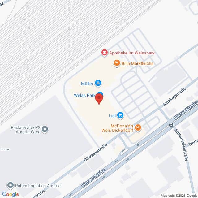 Lehrlingsportal.at Google Maps-Ansicht des Welas-Parks in Wels, Österreich, mit einer Ortsmarkierung, die auf das Einkaufszentrum zentriert ist.