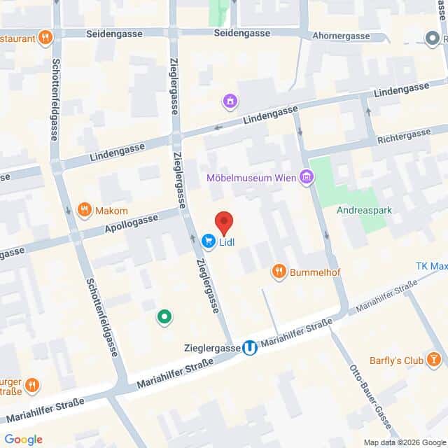 Lehrlingsportal.at Karte mit einem mit einer roten Stecknadel markierten Lidl-Supermarkt in Wien, der sich in der Nähe der Zieglergasse und der Mariahilfer Straße befindet.