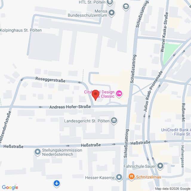 Lehrlingsportal.at Karte eines Stadtteils in St. Pölten, Österreich, mit einer roten Stecknadel, die den Standort von „City Design Classic“ in der Andreas-Hofer-Straße markiert.