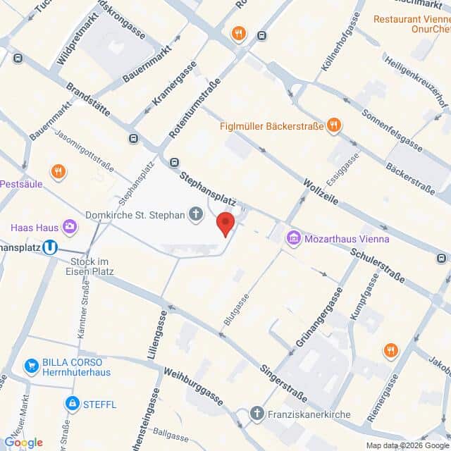 Lehrlingsportal.at Eine Karte von Wien-Zentrum, auf der die Gegend um den Stephansplatz zu sehen ist, mit einer roten Markierung in der Nähe der St.-Stephans-Domkirche.