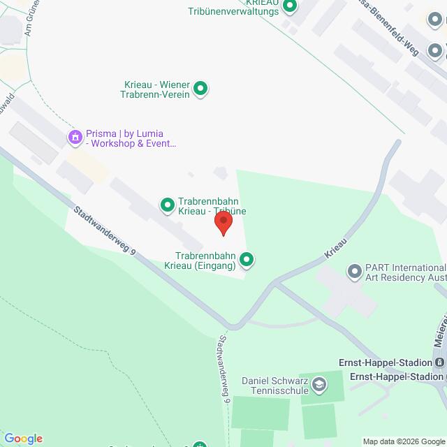 Lehrlingsportal.at Karte mit einer roten Standortmarkierung an der Trabrennbahn Krieau in Wien.