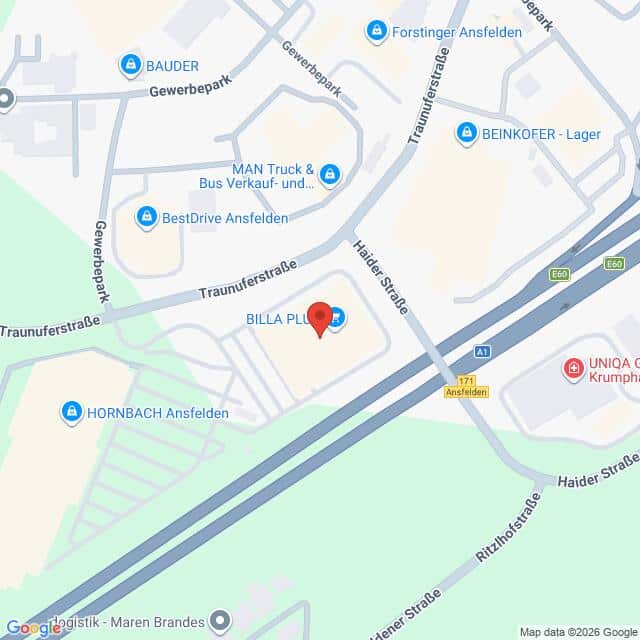 Lehrlingsportal.at Kartenansicht mit einer Standortmarkierung für „Billa Plus“ in Ansfelden, umgeben von örtlichen Straßen und Geschäften.