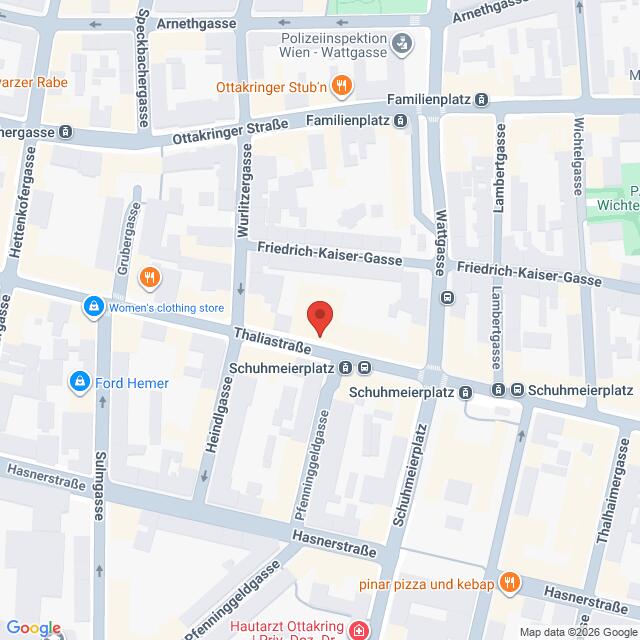 Lehrlingsportal.at Eine digitale Karte mit der Thaliastraße in Wien als Mittelpunkt und einer roten Stecknadel, die einen bestimmten Ort markiert.