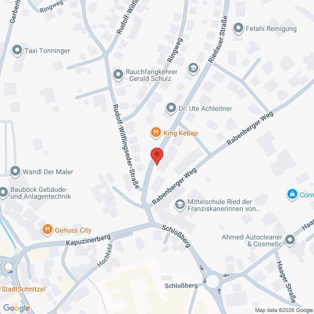 Lehrlingsportal.at Ein Stadtplan, auf dem die Kreuzung von Rudolf-Willinger-Straße und Rabenberger Weg zu sehen ist und auf dem nahegelegene Geschäfte und Sehenswürdigkeiten eingezeichnet sind, darunter „King Kebap“ und „Genuss City“.
