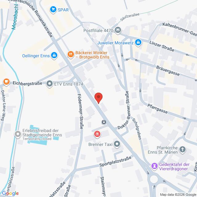 Lehrlingsportal.at Digitale Karte von Enns, Österreich, mit Straßen und örtlichen Geschäften; ein roter Pin markiert einen zentralen Standort.