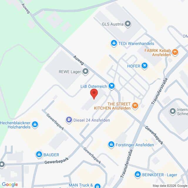 Lehrlingsportal.at Google Maps-Ansicht mit einer roten Standortmarkierung für Lidl Österreich in Ansfelden, umgeben von lokalen Geschäften und Straßen.