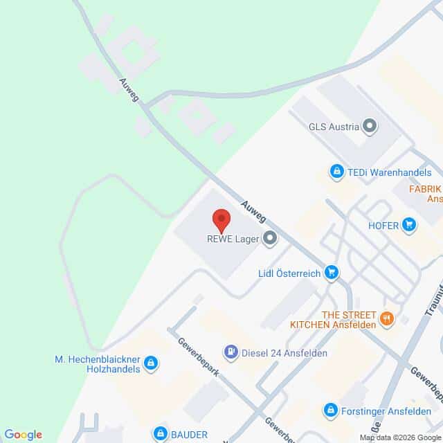 Lehrlingsportal.at Karte mit dem Standort des REWE-Lagers am Auweg in Ansfelden, Österreich, auf der nahegelegene Geschäfte wie Lidl, HOFER und The Street Kitchen hervorgehoben sind.