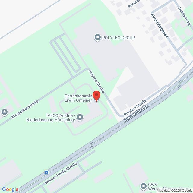 Lehrlingsportal.at Kartenansicht von „Gartenkeramik Erwin Gmeiner“ in Hörsching, markiert mit einer roten Standortmarkierung.