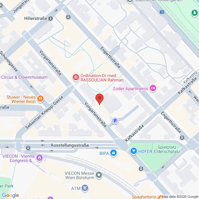 Lehrlingsportal.at Karte mit Straßen und Sehenswürdigkeiten rund um die Vorgartenstraße in Wien, auf der ein roter Marker einen bestimmten Ort kennzeichnet.