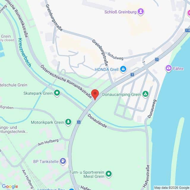 Lehrlingsportal.at Karte von Grein (Österreich) mit Straßen, der Donau und einer roten Markierung in der Nähe der Kreuzung von Greinburgstraße und Donaulände.