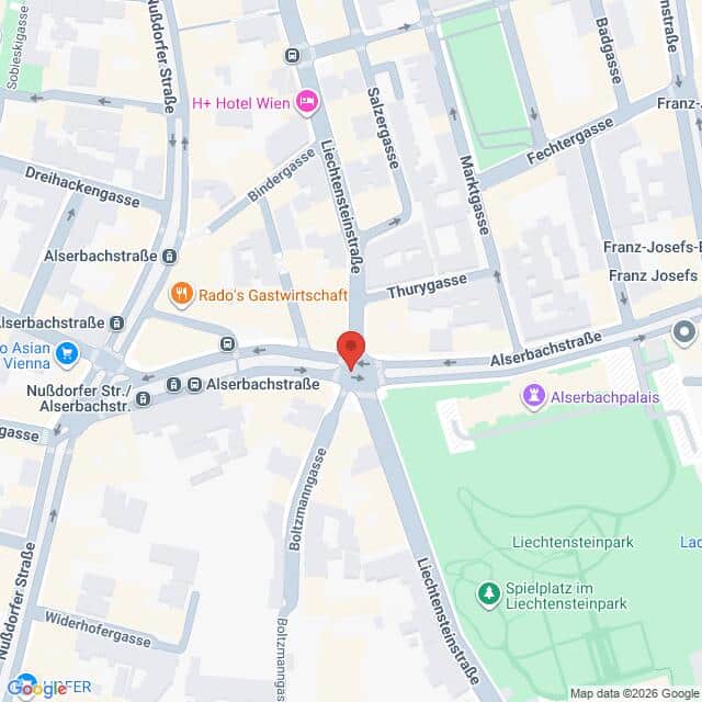 Lehrlingsportal.at Karte, auf der die Kreuzung der Alserbachstraße und der Liechtenstraße in Wien zu sehen ist, markiert mit einer roten Ortsmarkierung.